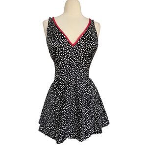 Vintage 60s / 70s Polka Dot Ruffled Skirt One Piece Swim Suit with Red Trim